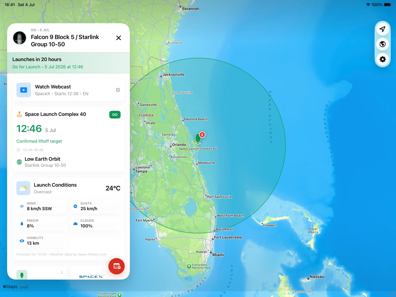 SpacepadX iPad showing launch details alongside the launch site on the map