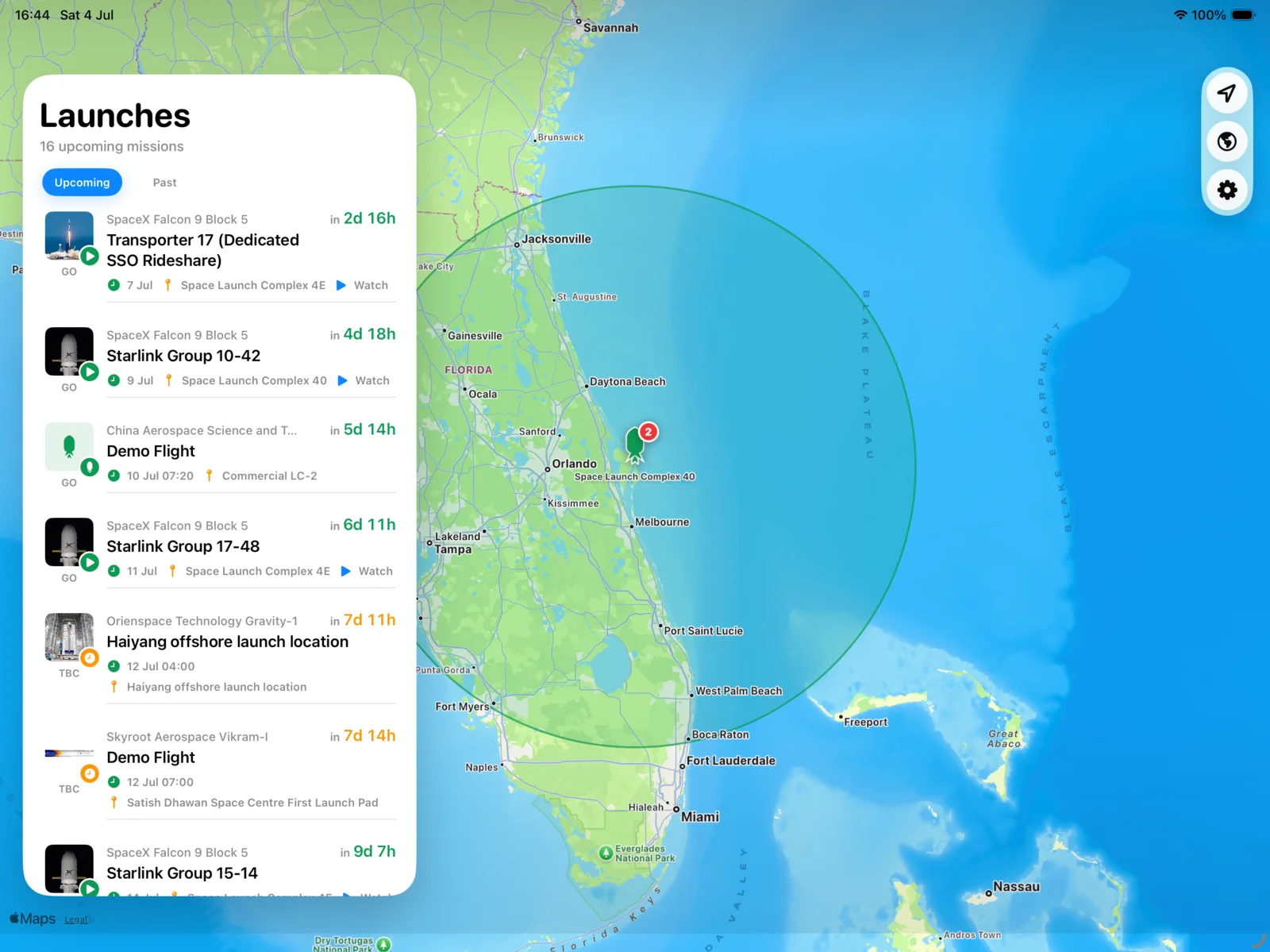 SpacepadX on iPad showing upcoming launches near Florida on a map