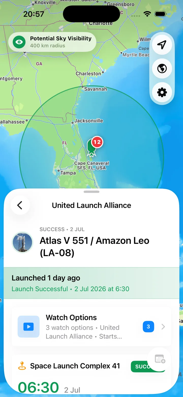 SpacepadX on iPhone showing launch time, launch site, and watch options
