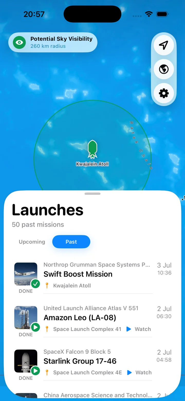 SpacepadX iPhone past launch list over the map