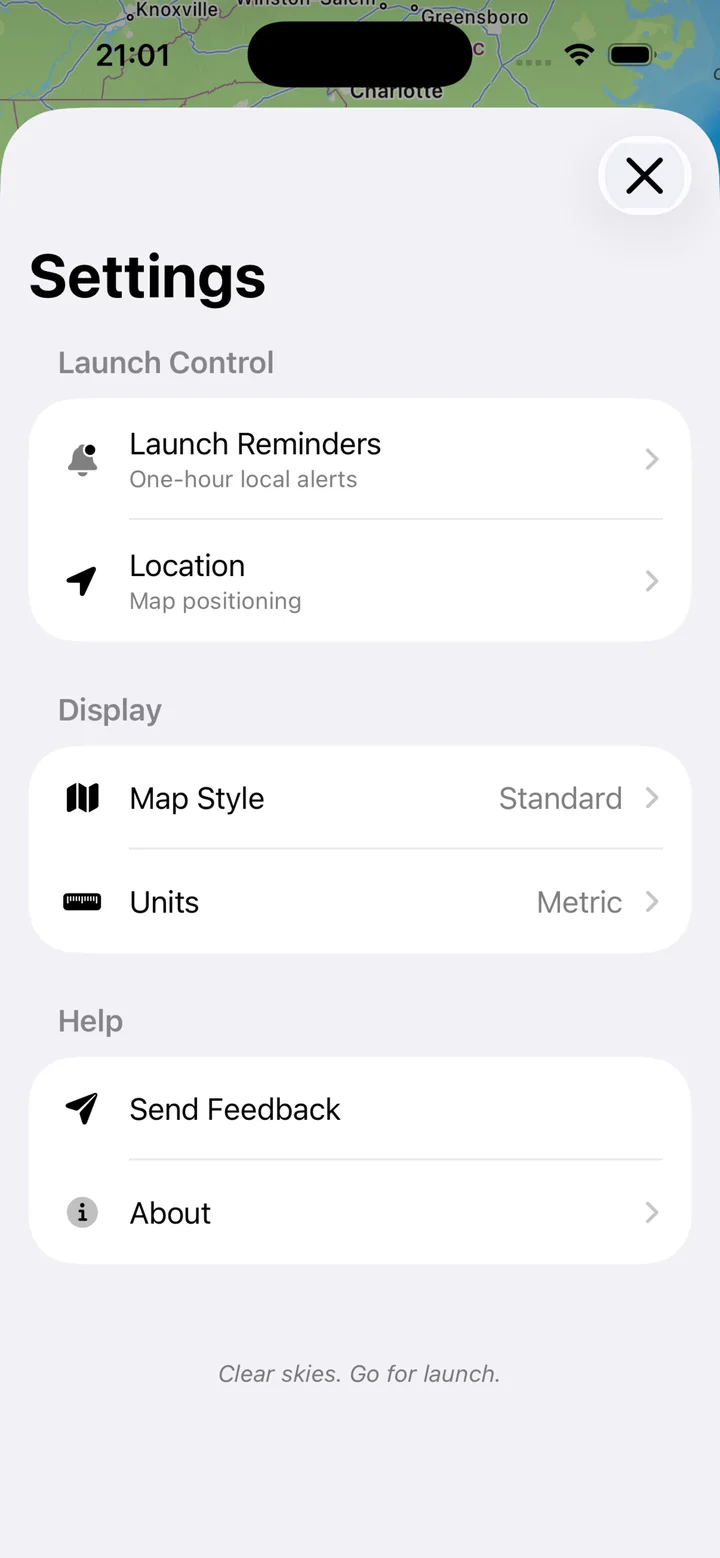SpacepadX settings screen showing map and launch preferences