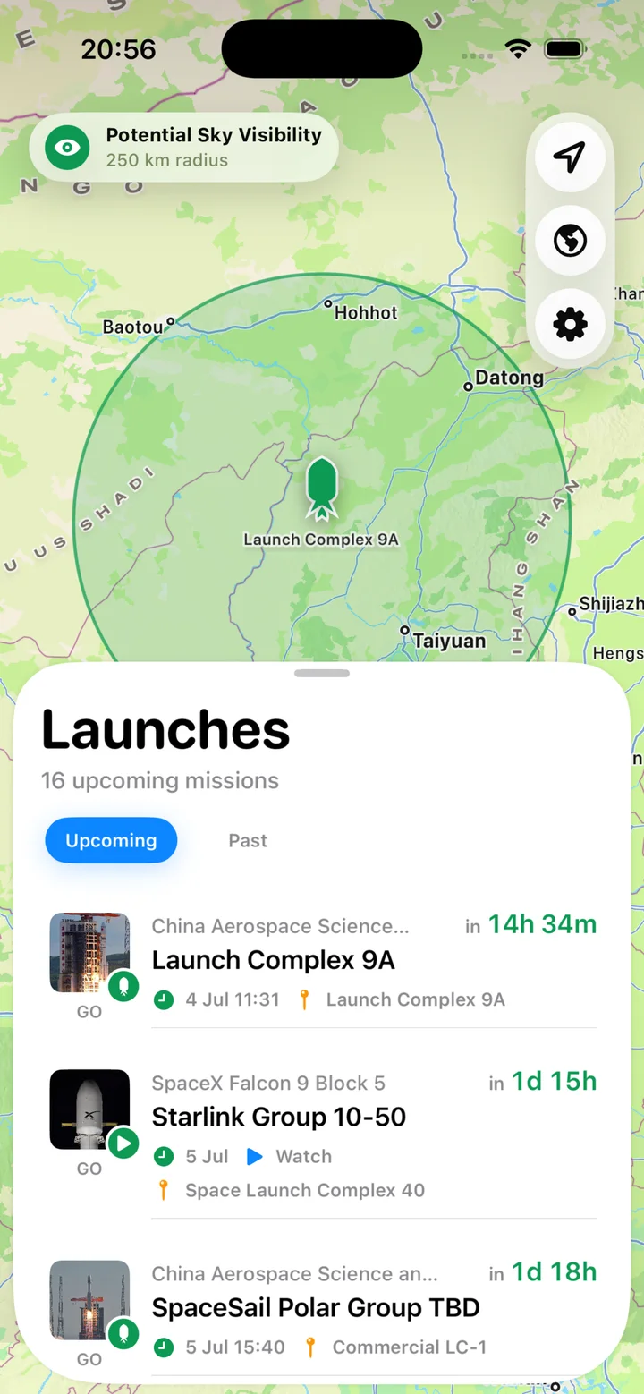 SpacepadX iPhone upcoming launch list over the map